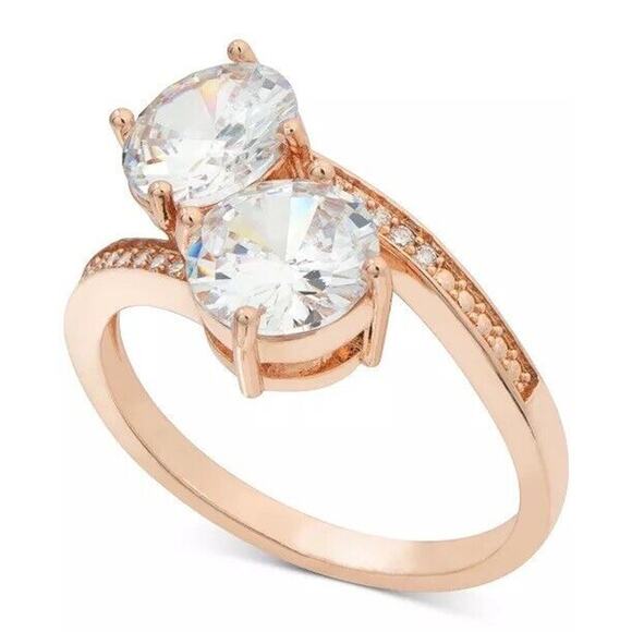 Rose Gold Plated Double CZ Ring (Size 10) Stunning Fashion Stylish Women's NEW - Picture 1 of 4